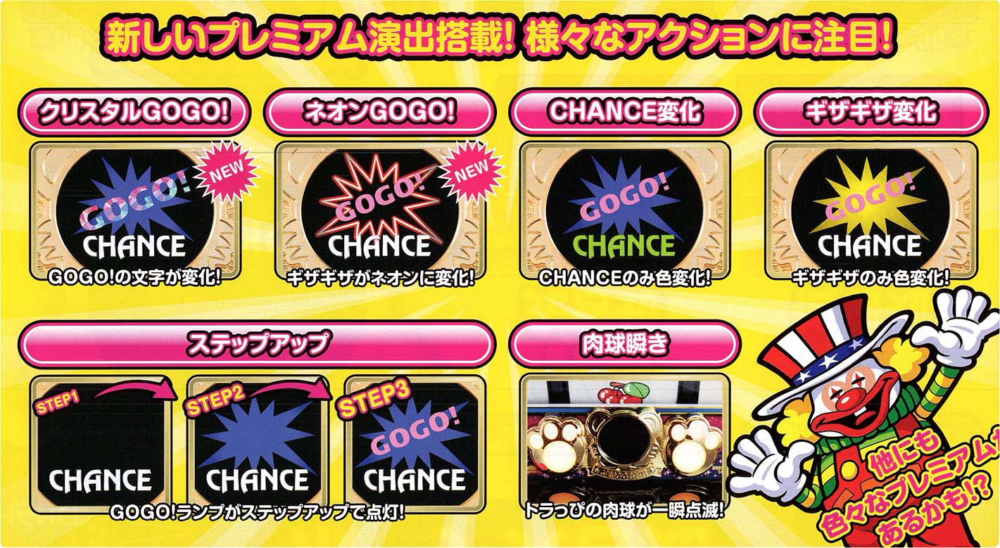 新しいプレミアム演出搭載!!様々なアクションに注目! クリスタルGOGO![NEW], ネオンGOGO![NEW], CHANCE変化, ギザギザ変化, ステップアップ, 肉球瞬き